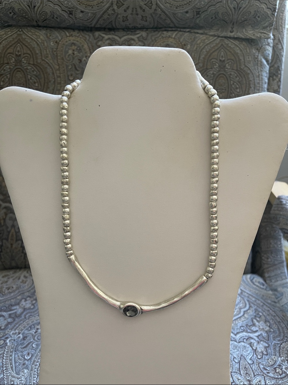 Silver Plated Beaded Necklace with Black Stone Accent